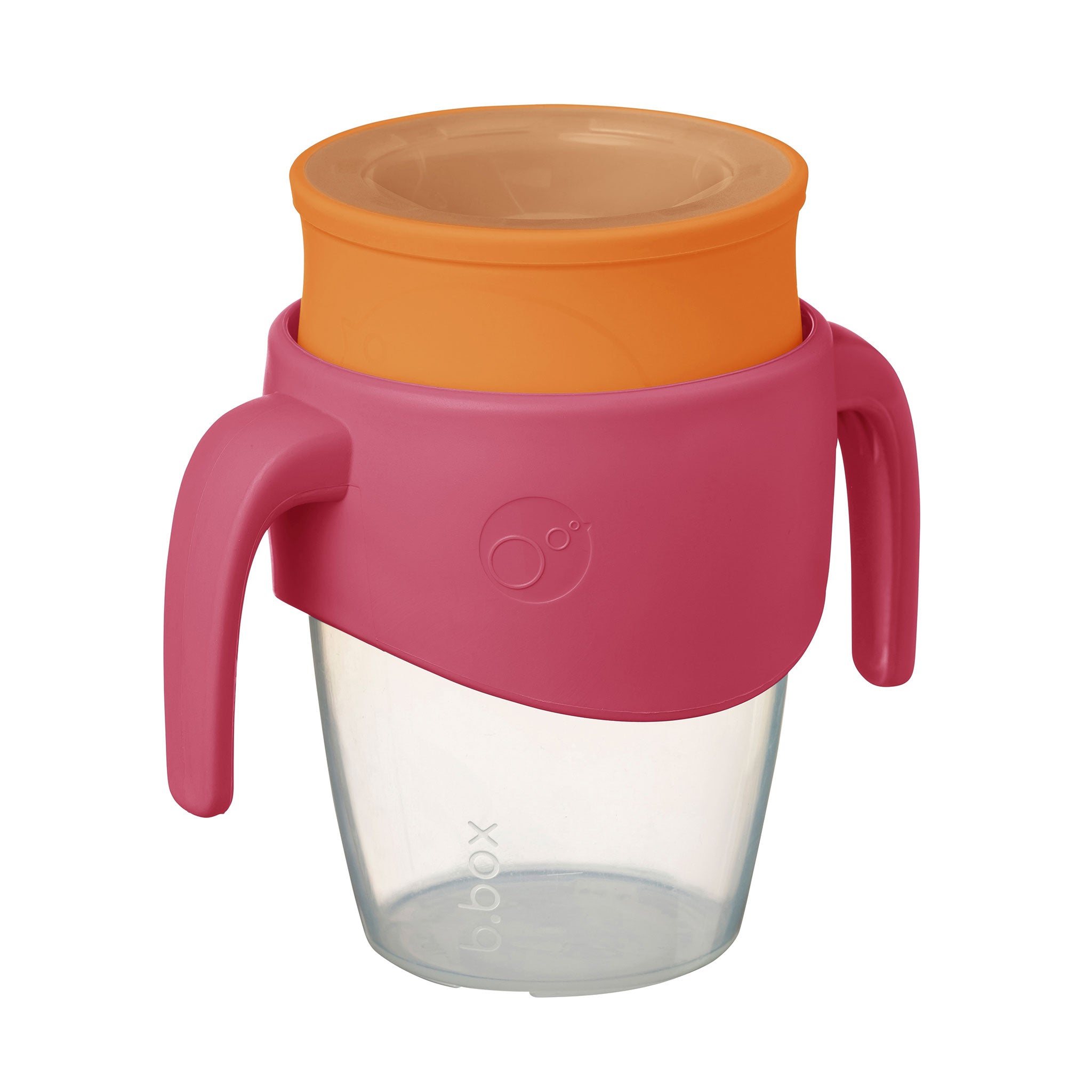 赤ちゃんが使用するカラフルなコップ飲み練習アイテムの画像。持ちやすいハンドルと漏れ防止設計が施されています。