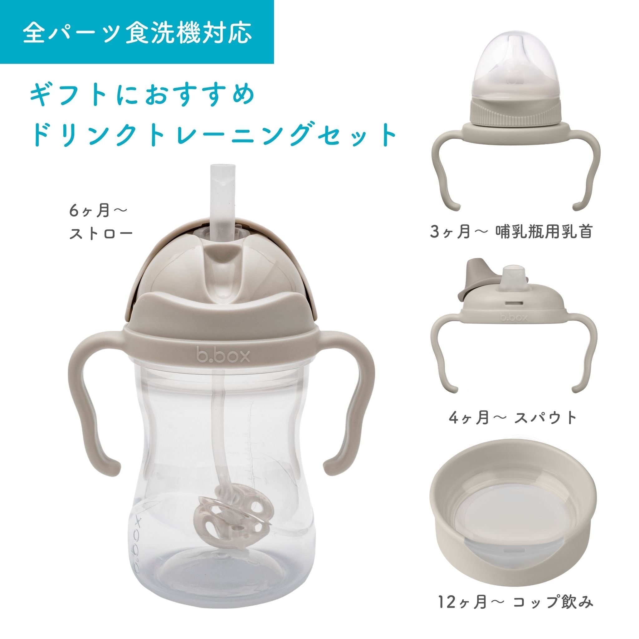ギフトにおすすめ！ドリンクトレーニングセット。哺乳瓶乳首、スパウト、ストロー、コップの4つの飲み口がセットになっています。