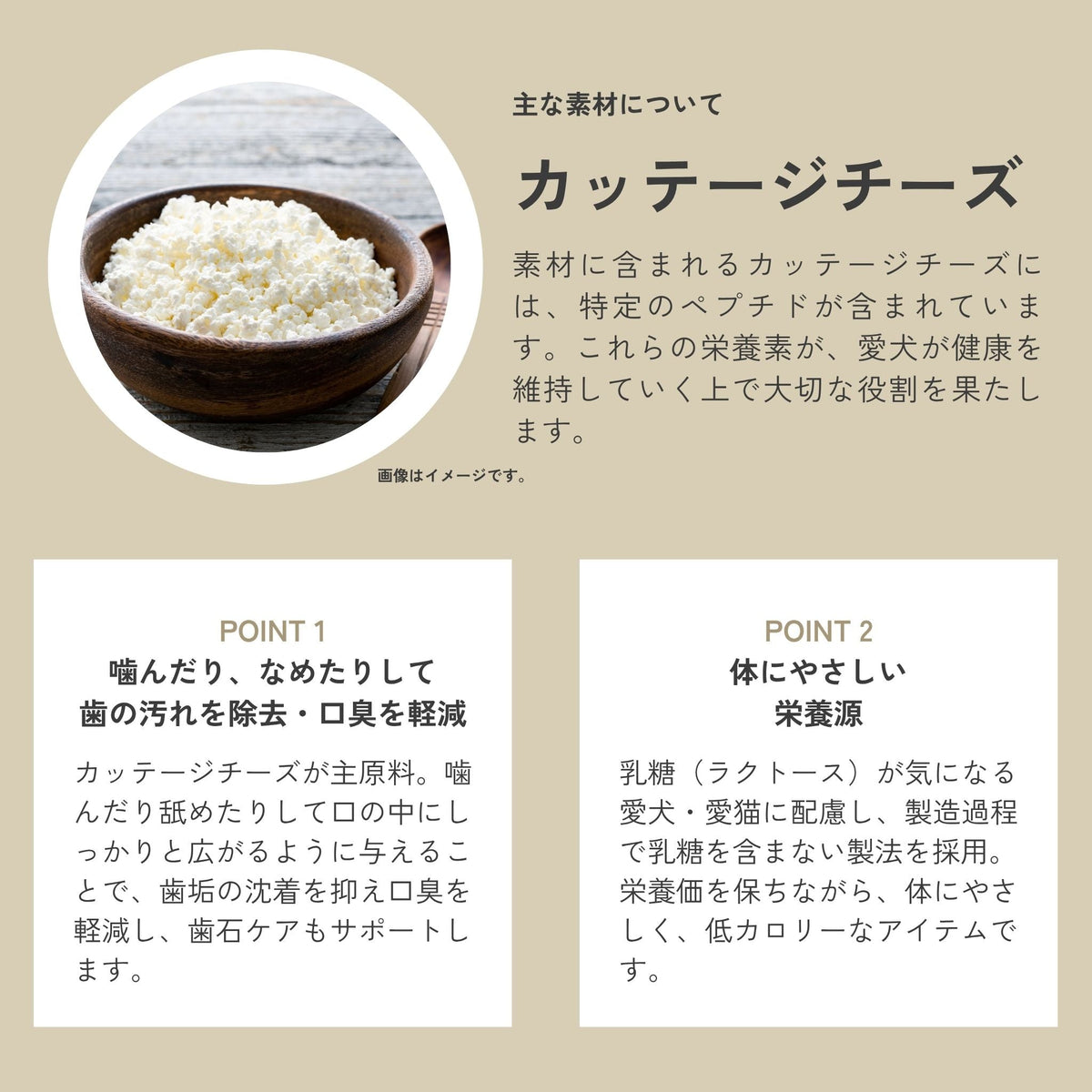 主な素材のカッテージチーズについての説明