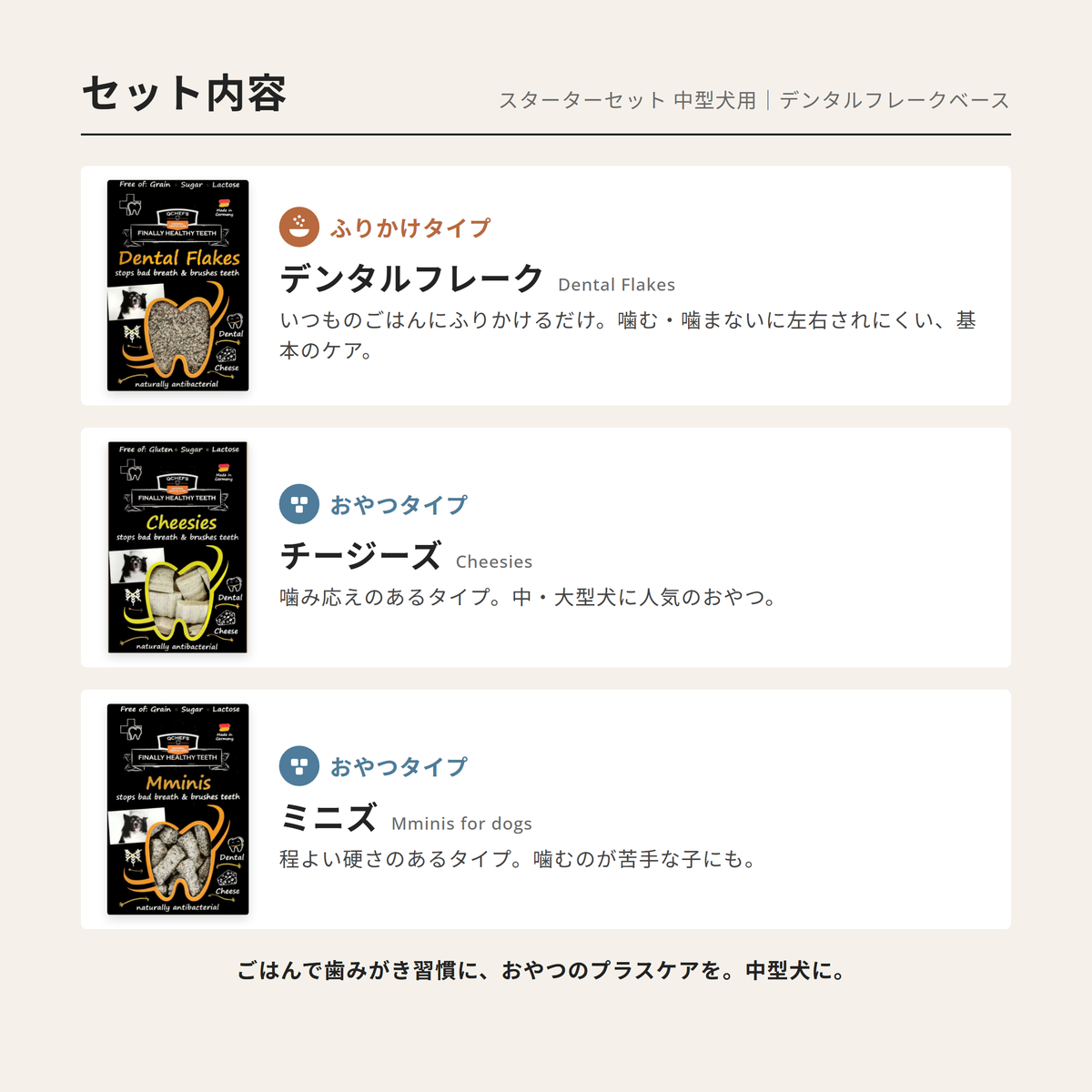 中型犬スターターセット：Dental Flakes＆Cheesies＆Mminis