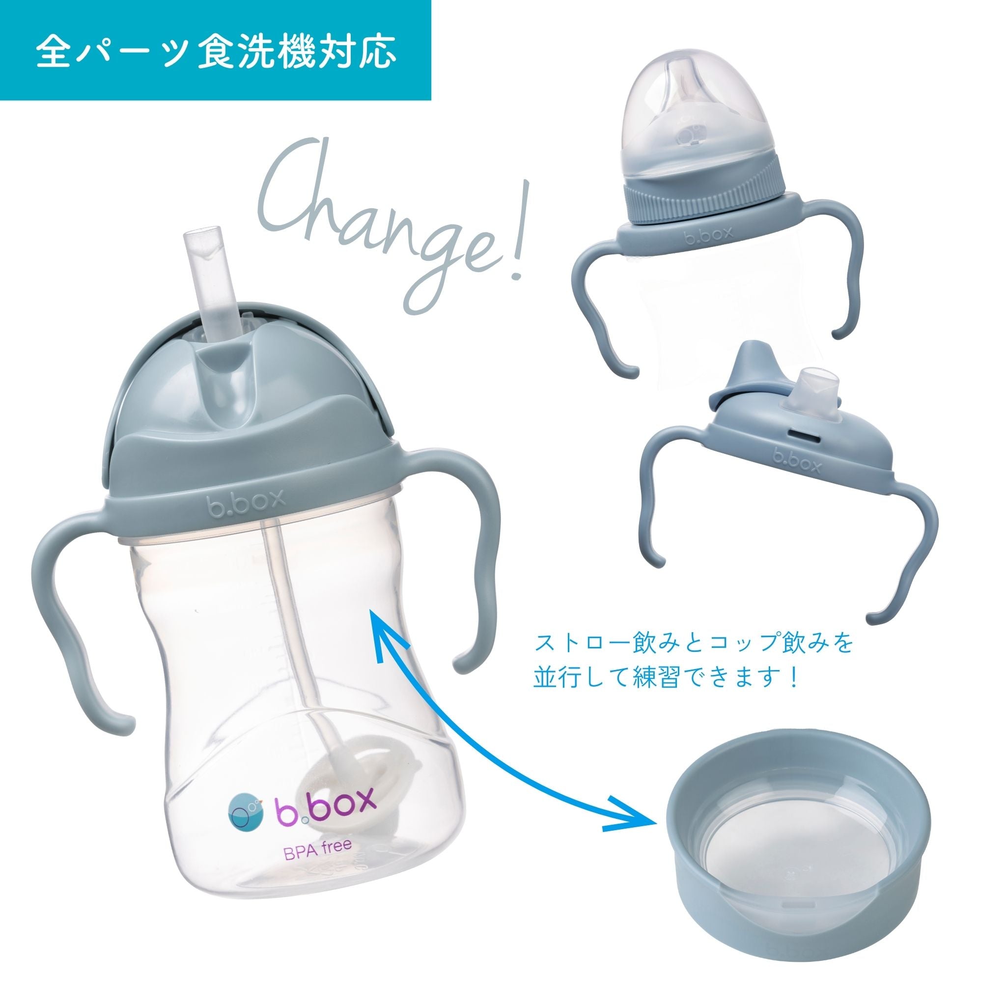 全パーツ食洗機対応でストロー飲みとコップ飲みの練習ができるます
