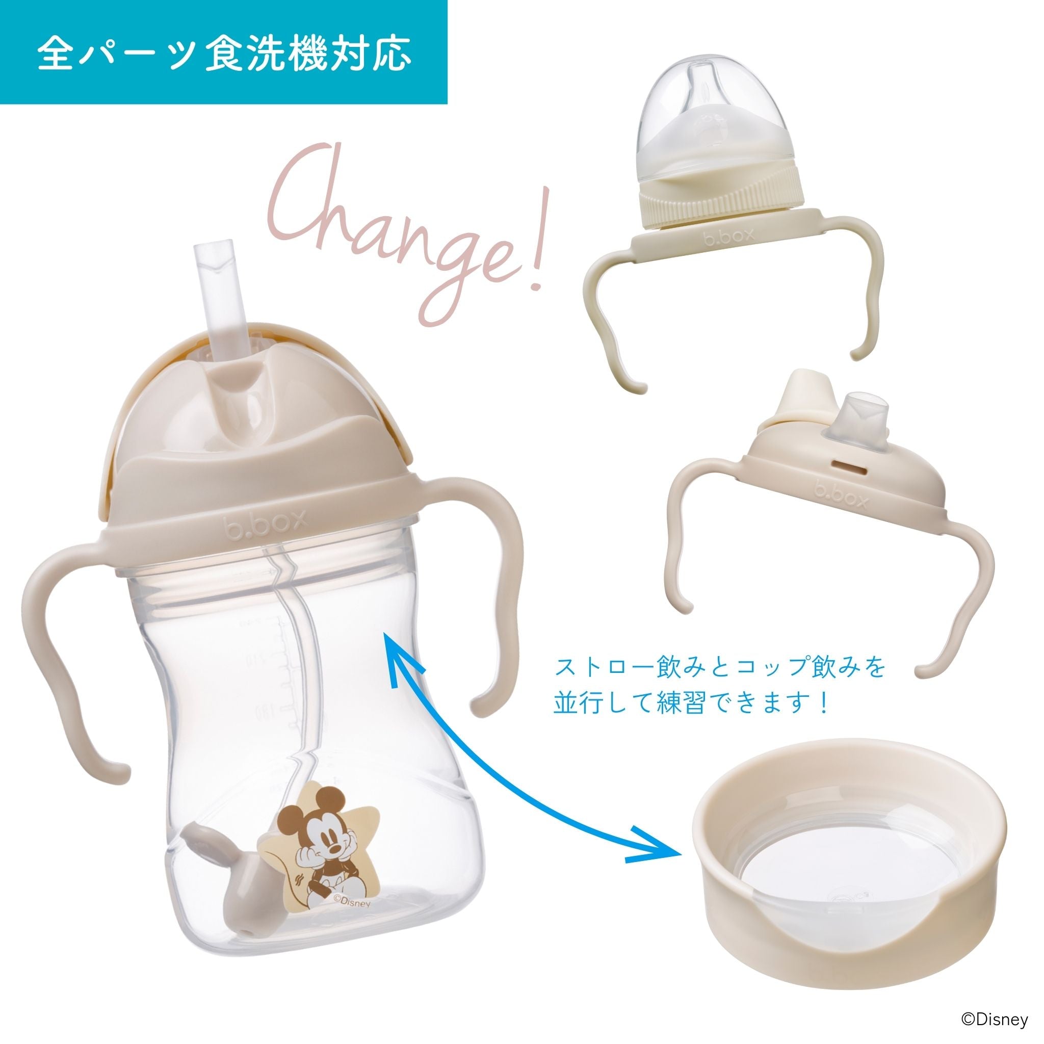 ストロー飲みとコップ飲みを並行して練習できるベビー用品であることを説明 ビーボックスのドリンクトレーニングアイテムは全パーツ食洗機に対応している